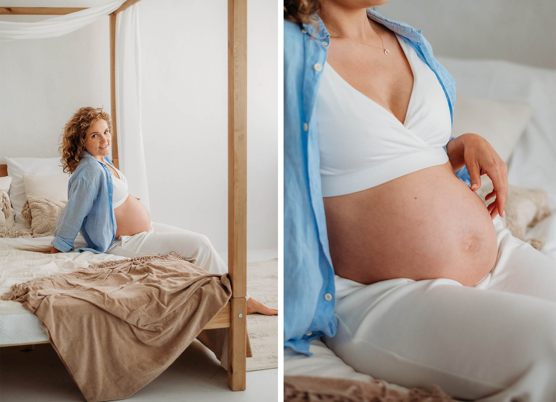 sesja ciążowa w studio warszawa - kobieta siedzi na łóżku i pozuje do zdjęć 