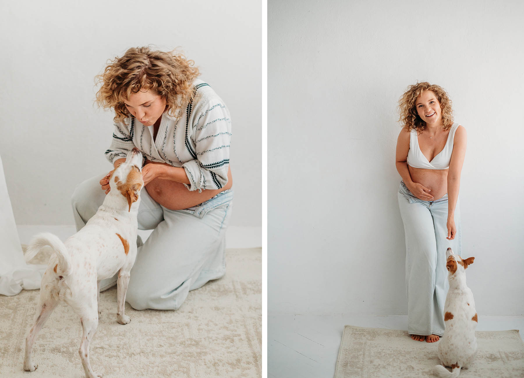 dziewczyna na sesji ciążowej w studio z psem kundelkiem