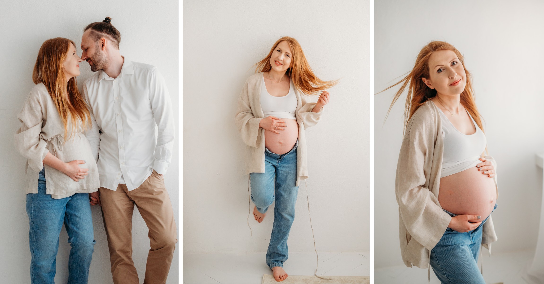 sesja ciążowa w studio, mąż głaszcze ciążowy brzuszek