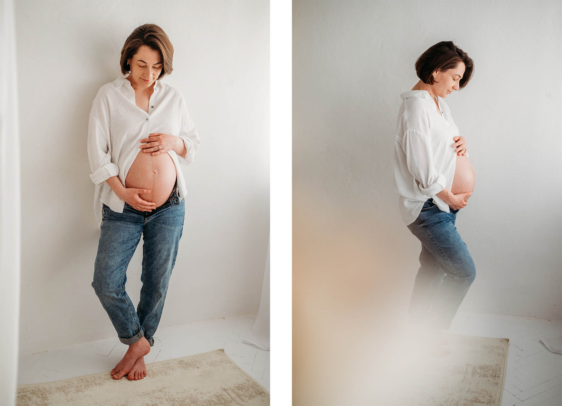 kobieta w ciąży w białej lnianej koszuli pozuje do zdjęć z odkrytym brzuszkiem