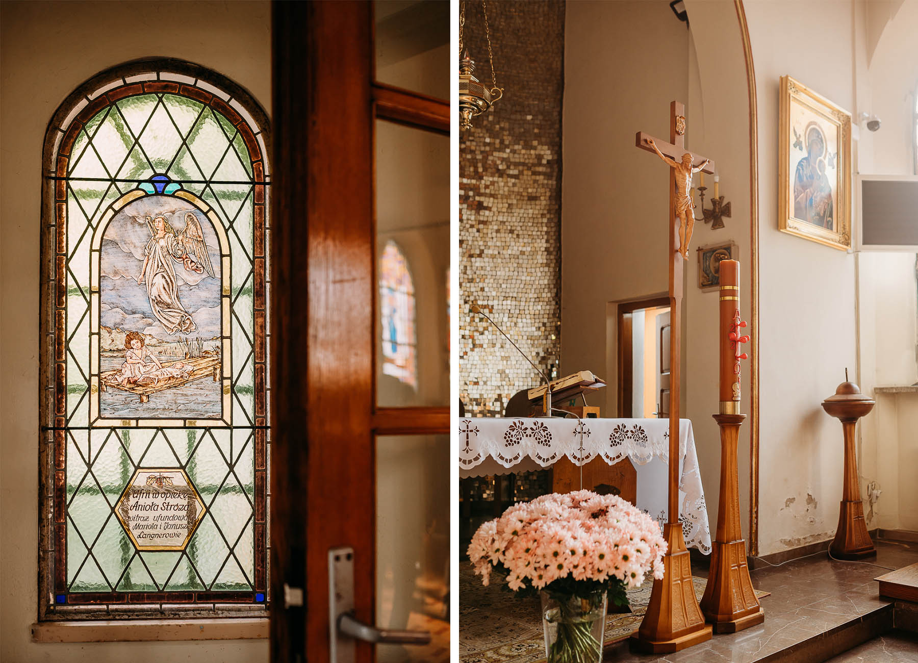 Elementy wystroju kościoła uchwycone podczas reportażu z chrztu w Warszawie