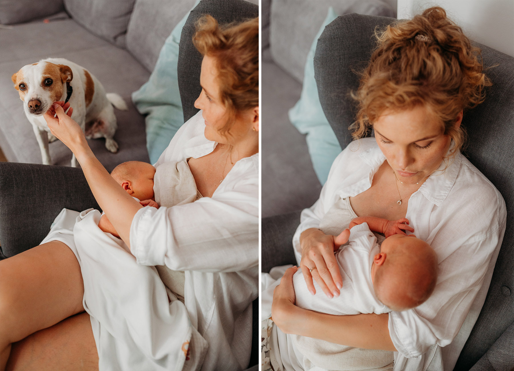 mama karmi malucha na fotelu, a obok stoi pies kundel