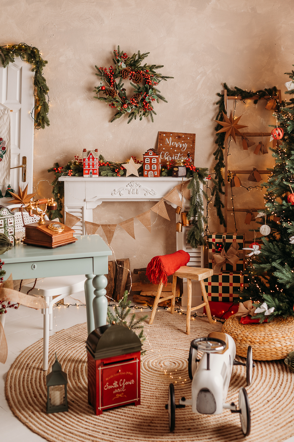 scenka świąteczna w studio w klimacie reto, sesje świąteczne Warszawa