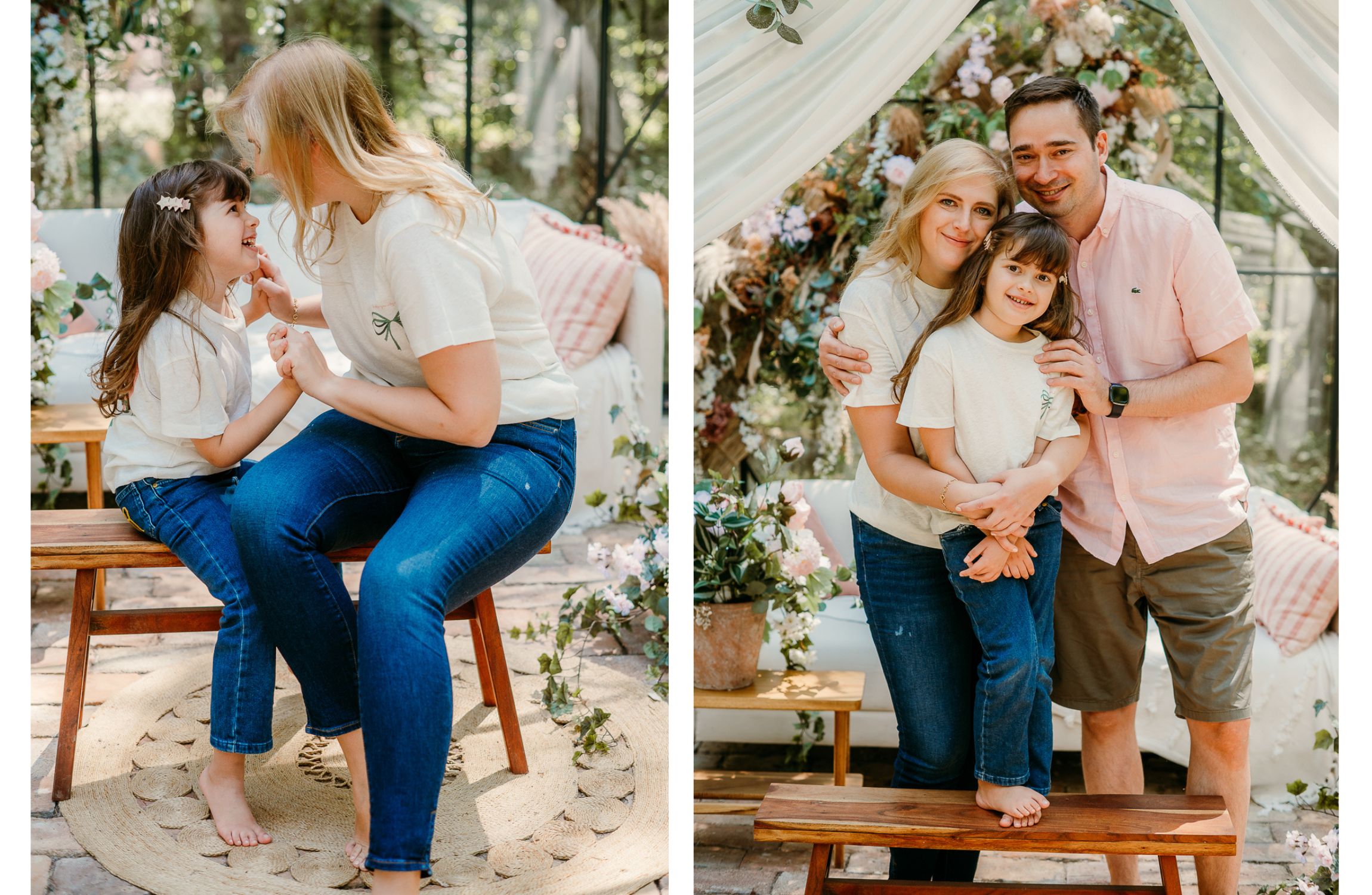 zdjęcia rodziny zrobione w szklarni w słoneczny dzień podczas sesji z okazji dnia mamy w warszawie