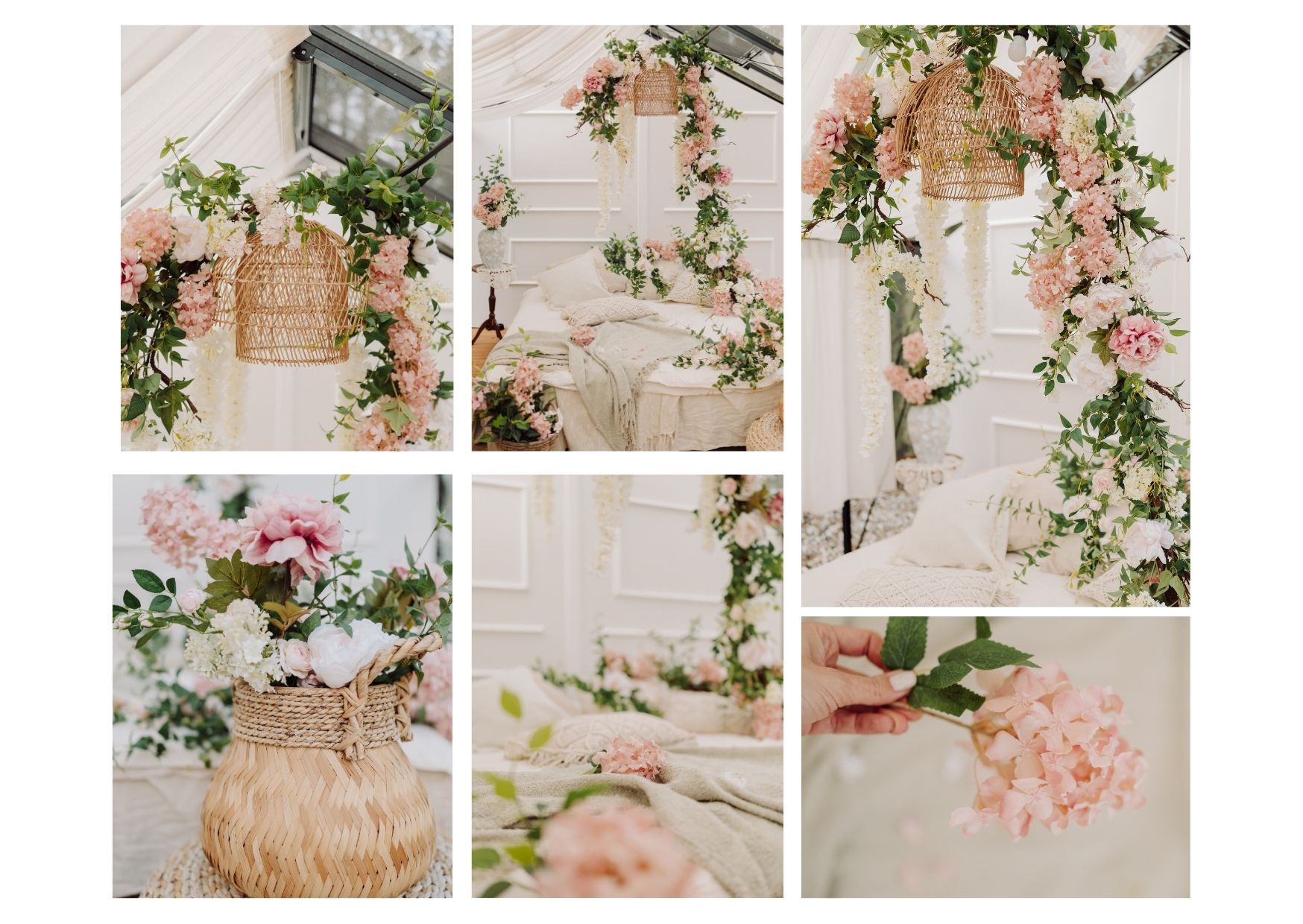 wnętrze szklarni, wypełnione kwiatami, po środku stoi łóżko przykryte kremową kapą, to wnętrze na sesje z okazji dnia mamy w warszawie